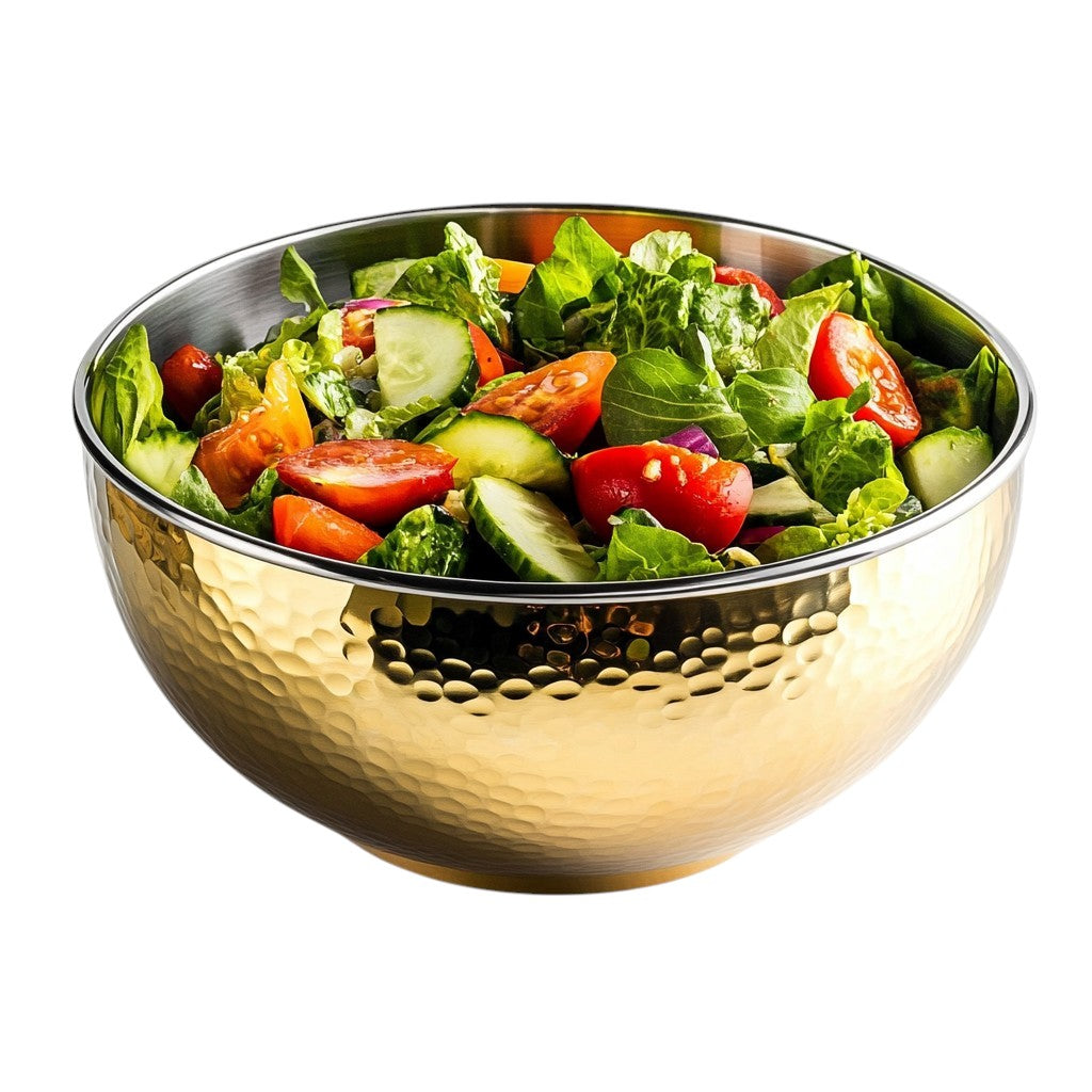 Pador Insulated Stainless Steel Salad Bowl - Double Wall Vacuum Insulation - Hammered Gold Exterior - Elegant Serving Piece for Parties & Fruit Display