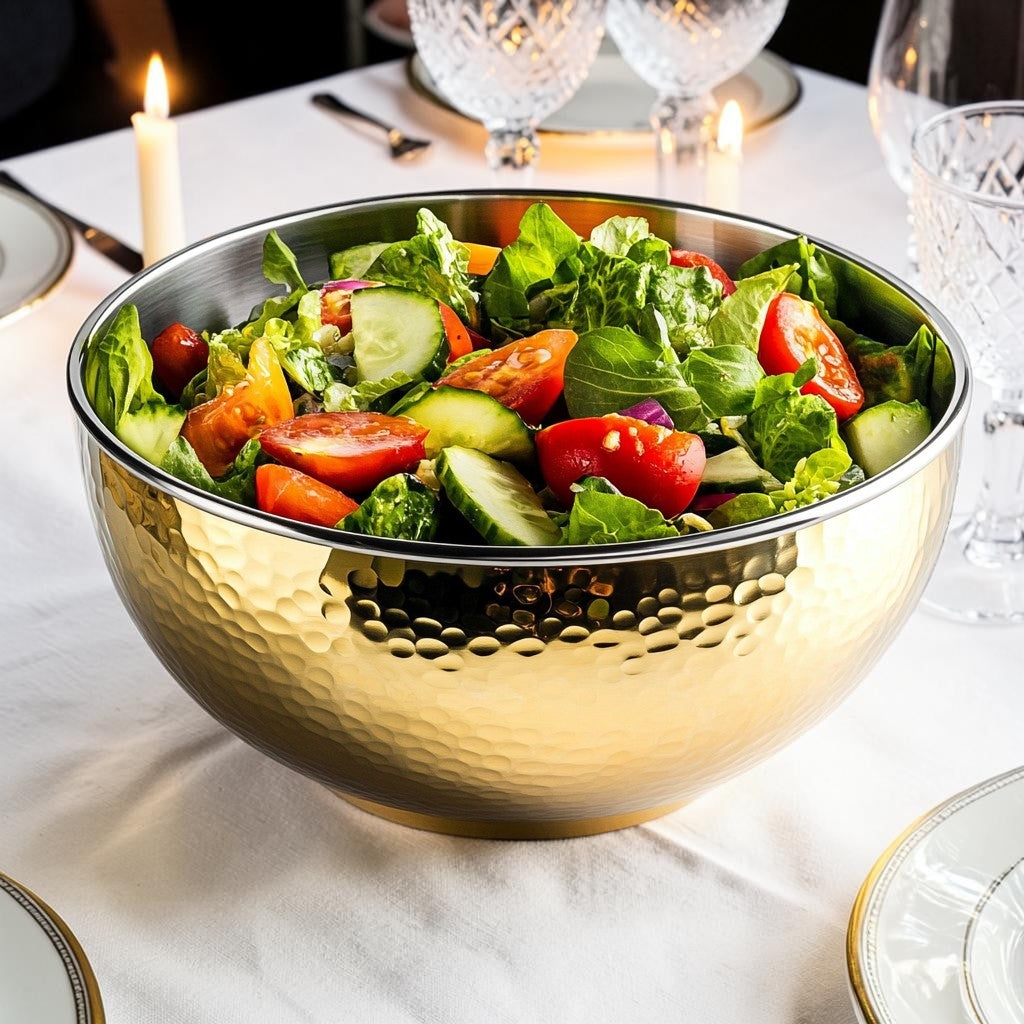Pador Insulated Stainless Steel Salad Bowl - Double Wall Vacuum Insulation - Hammered Gold Exterior - Elegant Serving Piece for Parties & Fruit Display